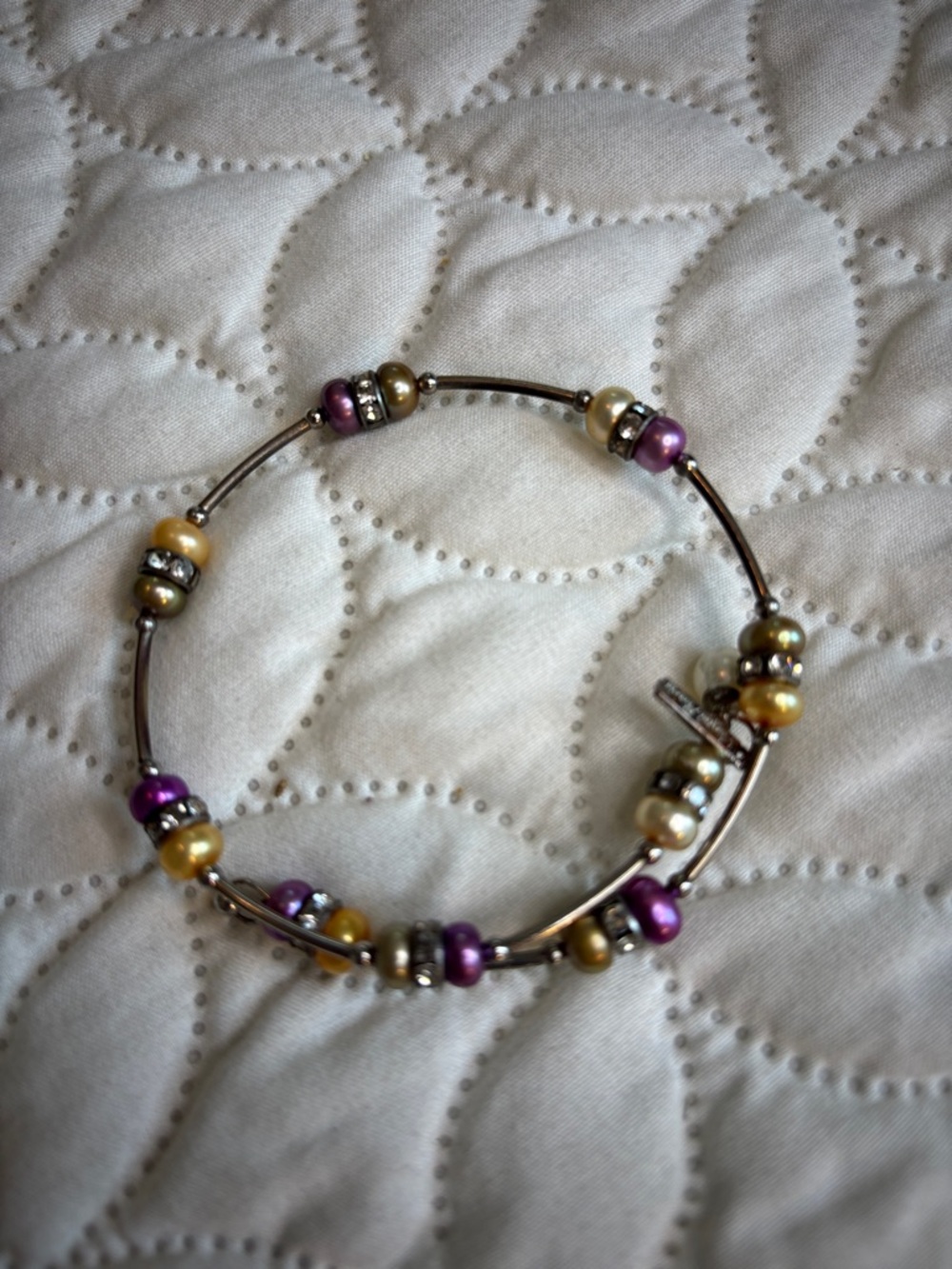Vantel Pearls Purple and Gold Freshwater Pearls and Silver Tone Bracelet